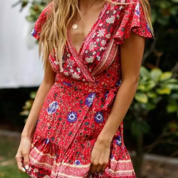 Red Floral Gypsy Boho Print Wrap Dress V Neck - Picture 4 of 4